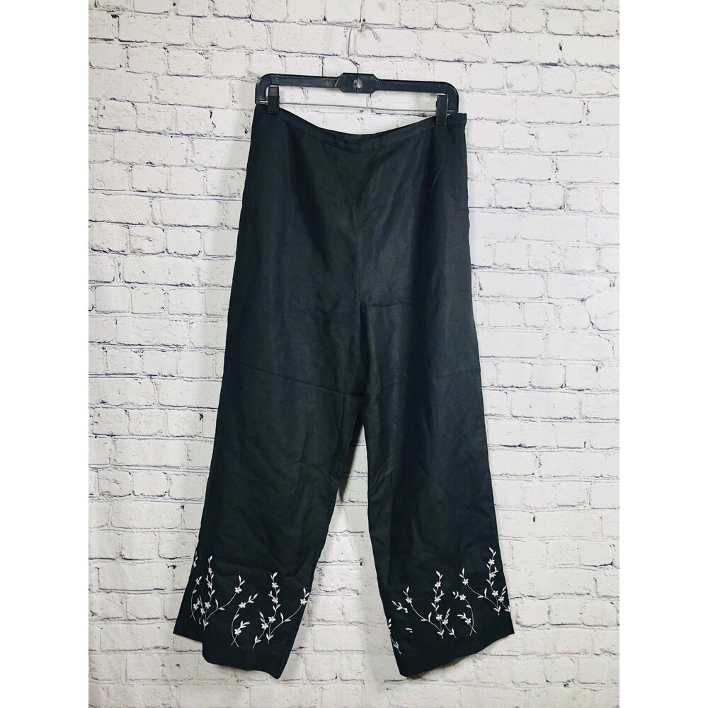 Herman Geist Women's Linen Blend Black Embroidered Leg Side Zip‎ Crop Pants 12